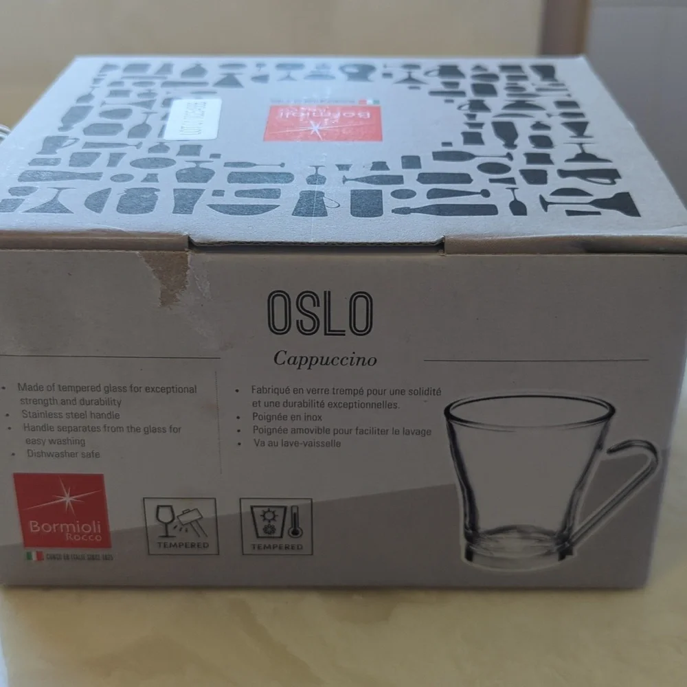 Bormioli Oslo Cappuccino Glass Cups with Silver Handles (4) NIB